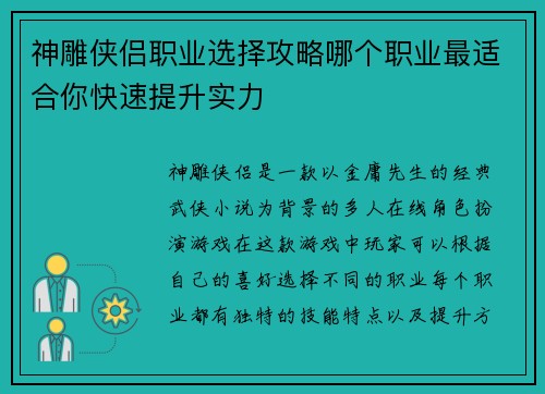神雕侠侣职业选择攻略哪个职业最适合你快速提升实力