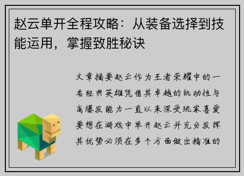 赵云单开全程攻略：从装备选择到技能运用，掌握致胜秘诀